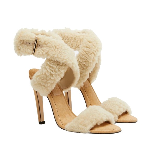 NWT Good American Faux Shearling Ankle Strap Sandals - Picture 1 of 6